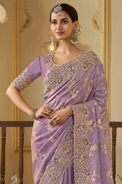 Lavender Colour Viscose Organza Designer Saree