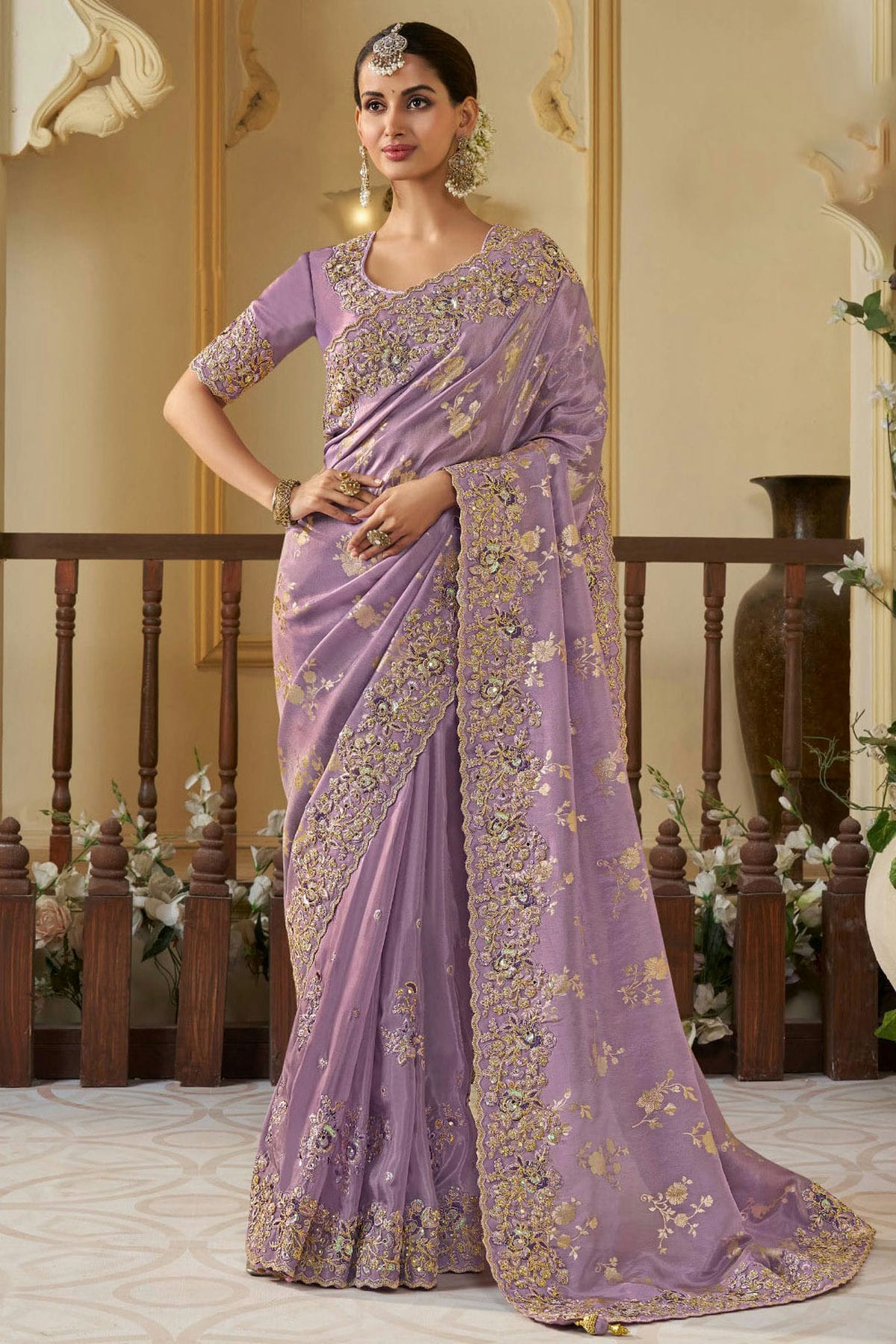 Lavender Colour Viscose Organza Designer Saree