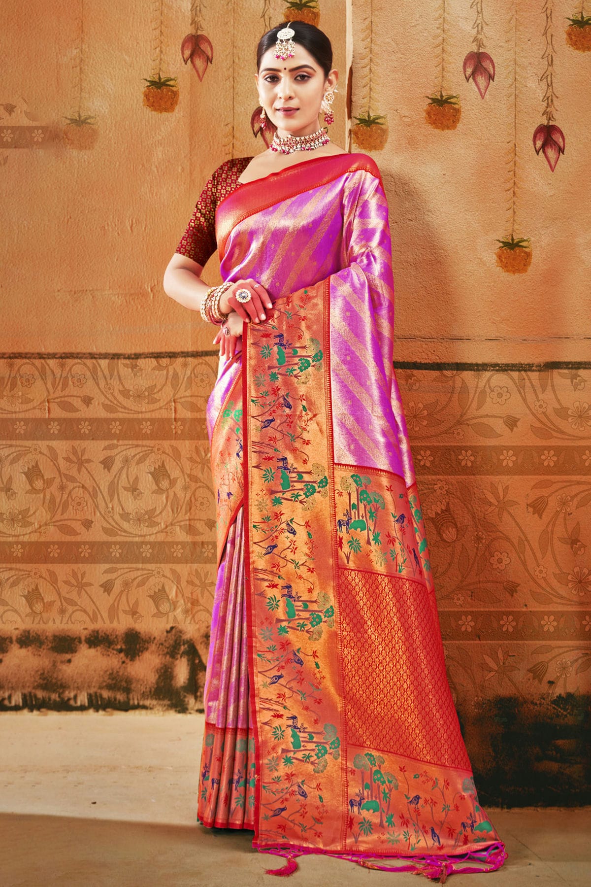 Lavender Colour Woven Work Paithani Silk Saree