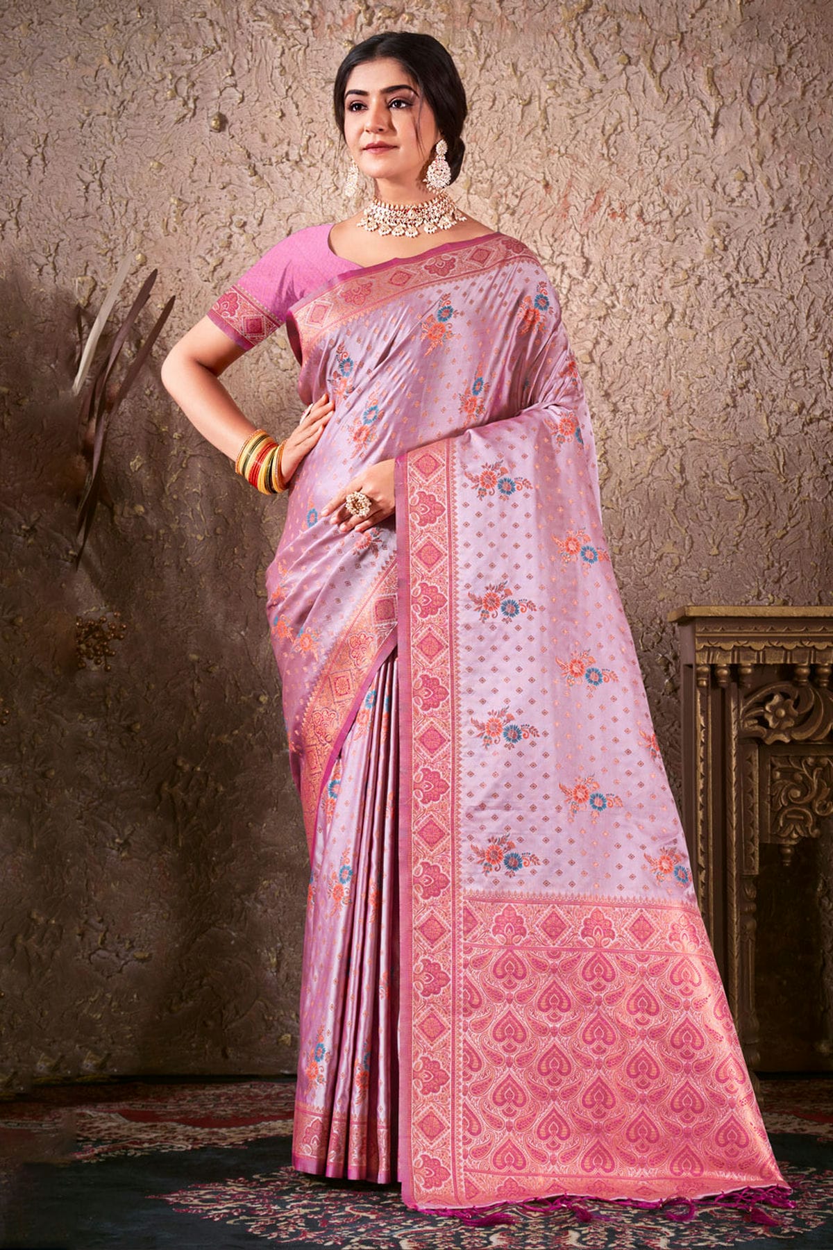 Lavender Colour Woven Work Silk Saree