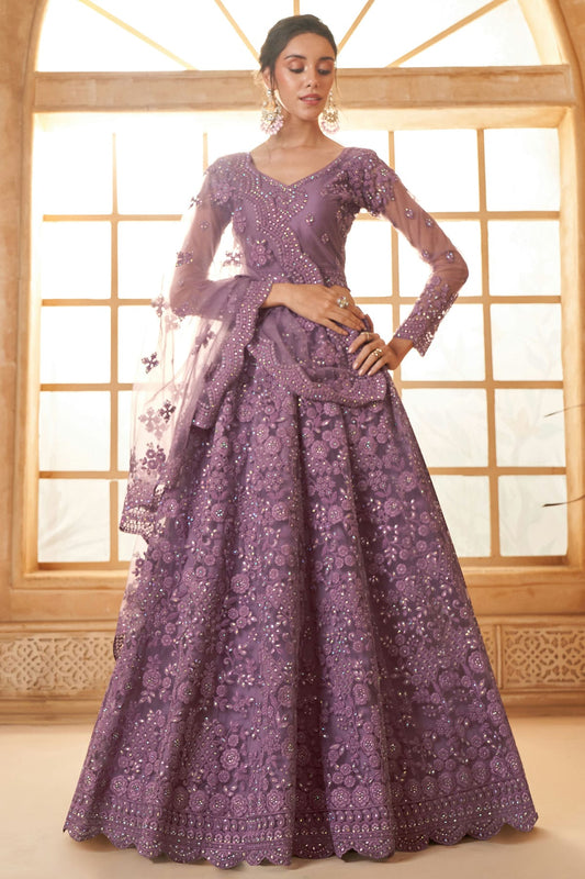 Lavender Embroidery Net and SilK Lehenga Choli