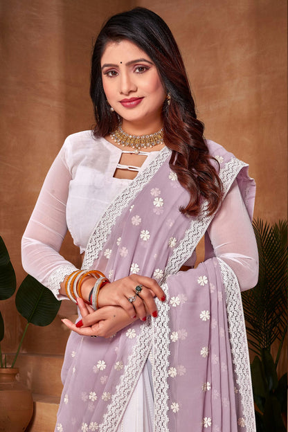 Lavender and White Colour Georgette Half N Half Saree