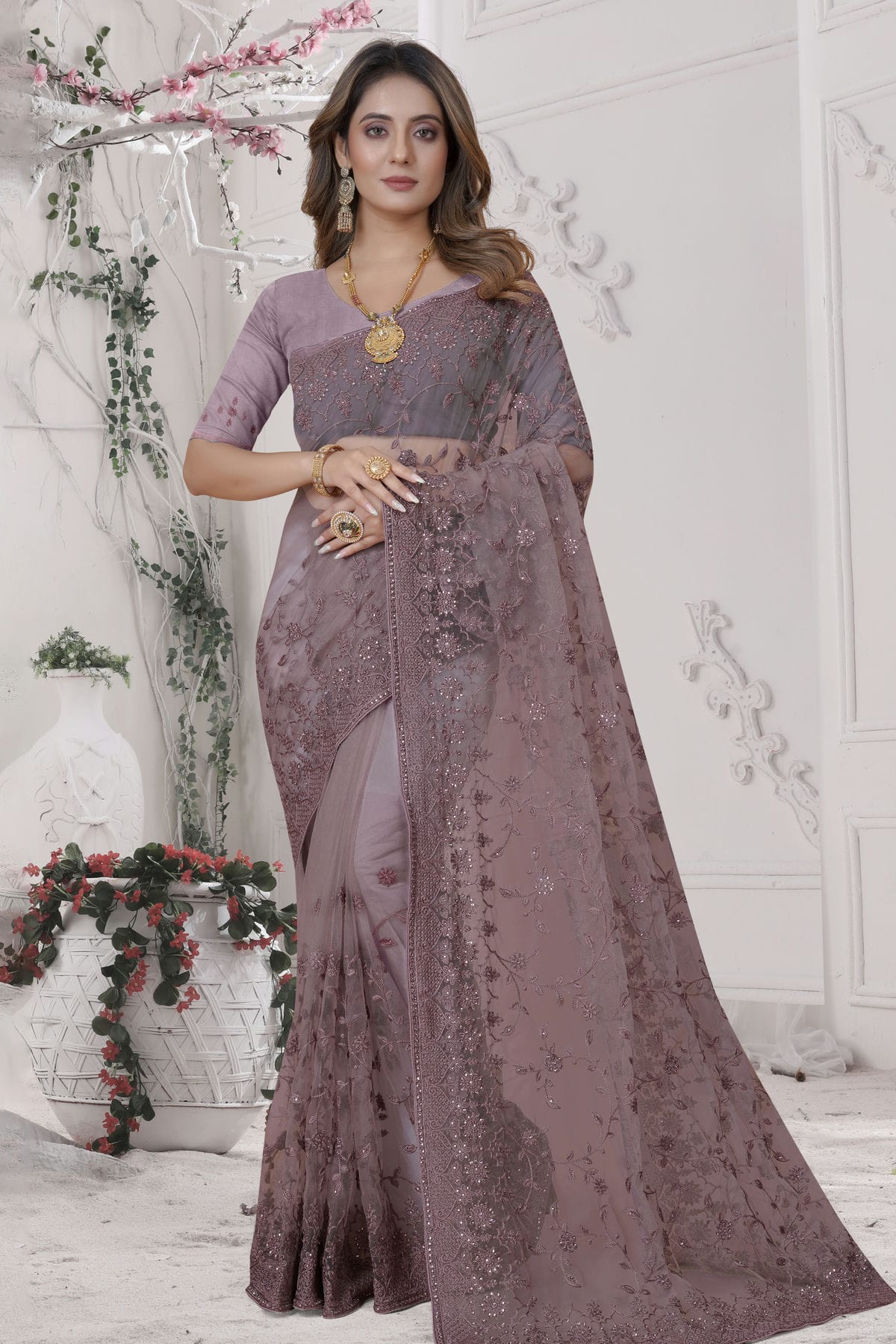 Lavender Colour Net Saree