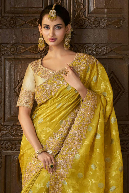 Lemon Yellow Colour Viscose Tissue Designer Saree