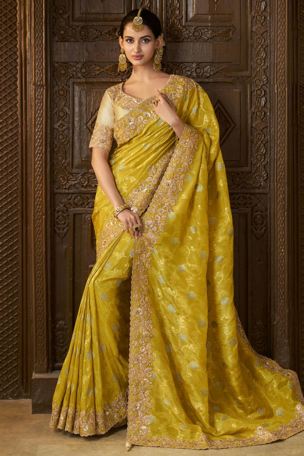 Lemon Yellow Colour Viscose Tissue Designer Saree