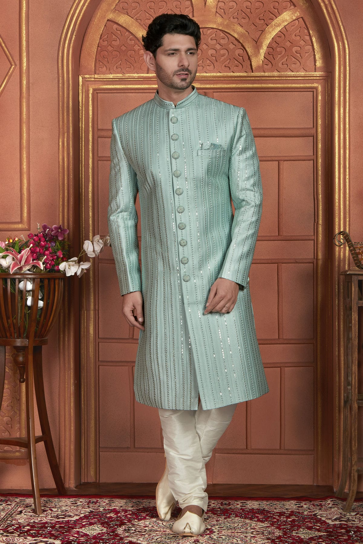 Light Blue Colour Art Silk Sherwani With Churidar Pant VSSH1230050