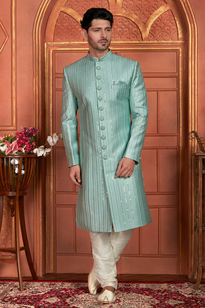 Light Blue Colour Art Silk Sherwani With Churidar Pant VSSH1230050