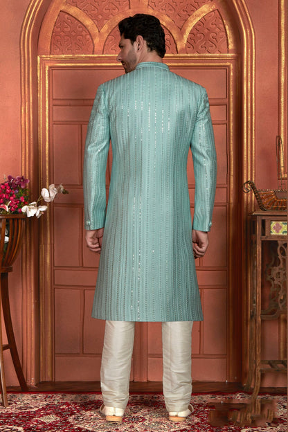 Light Blue Colour Art Silk Sherwani With Churidar Pant VSSH1230050