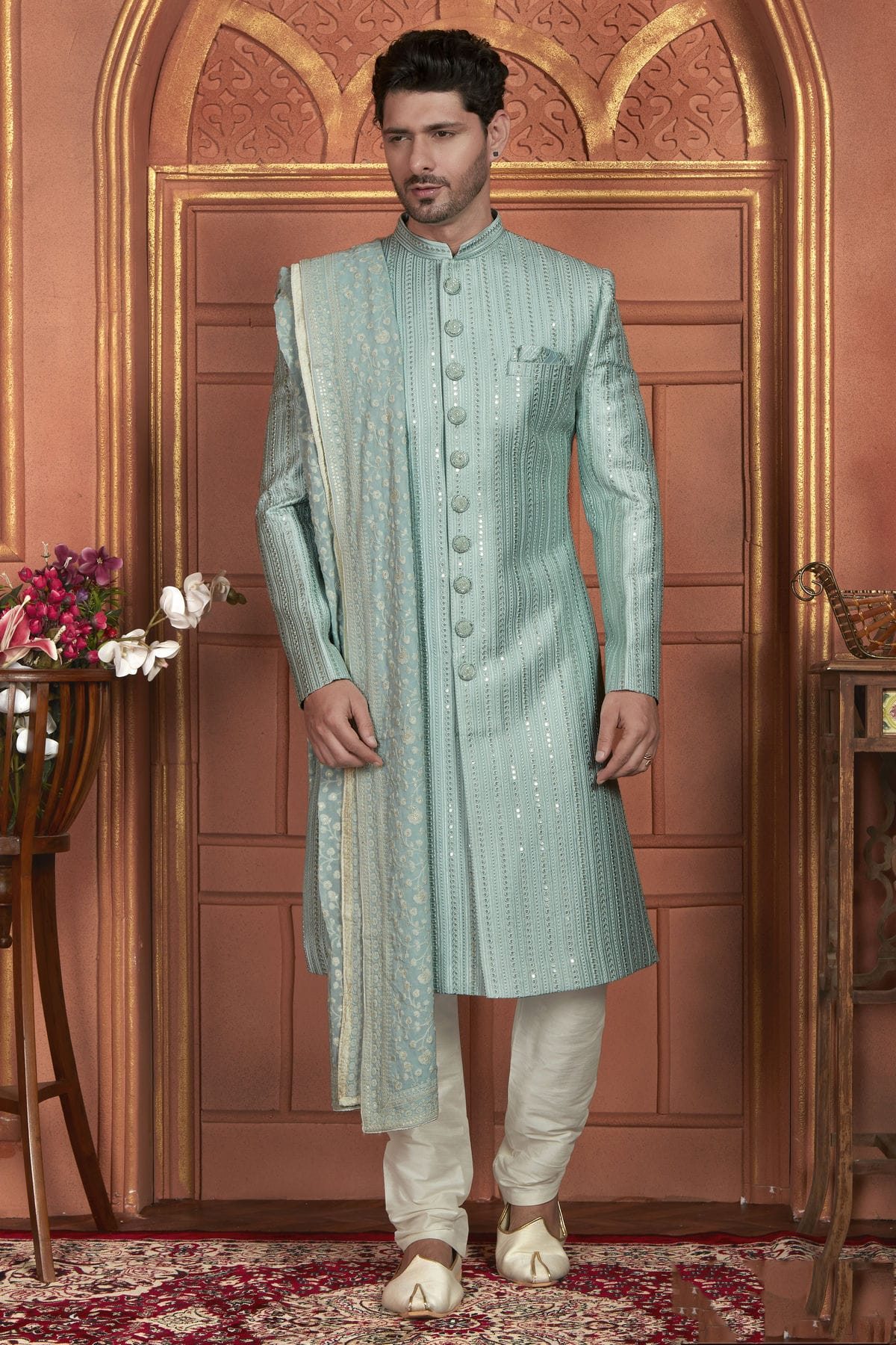 Light Blue Colour Art Silk Sherwani With Churidar Pant