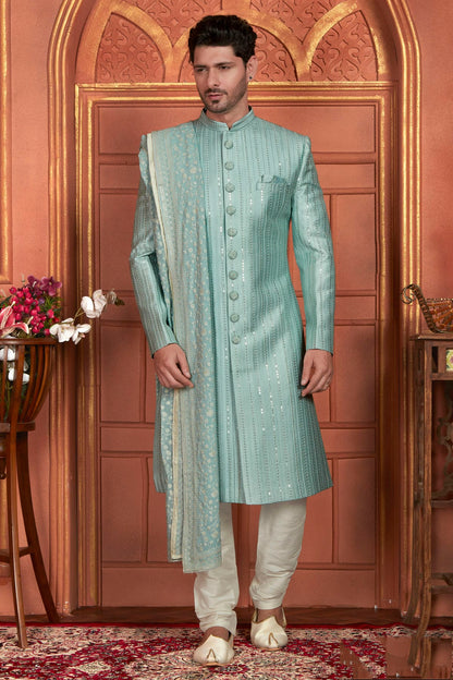 Light Blue Colour Art Silk Sherwani With Churidar Pant