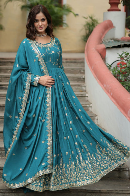 Light Blue Colour Chinon Stitched Gown VSGW1112318