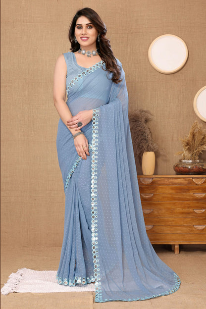 Light Blue Colour Georgette Mirror Work Saree