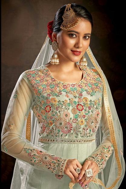 Light Blue Colour Semi Stitched Butterfly Net Anarkali Suit