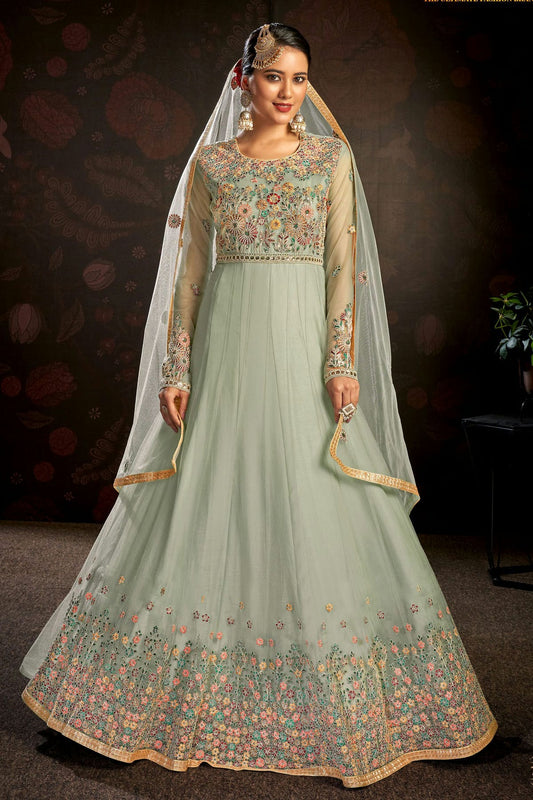 Light Blue Colour Semi Stitched Butterfly Net Anarkali Suit