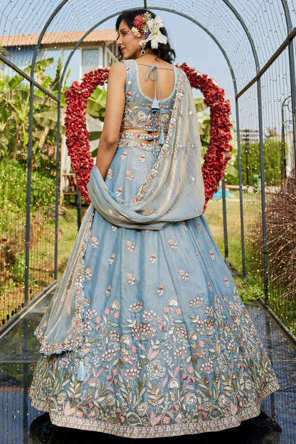 Light Blue Colour Semi Stitched Net Lehenga Choli VSLC1112552