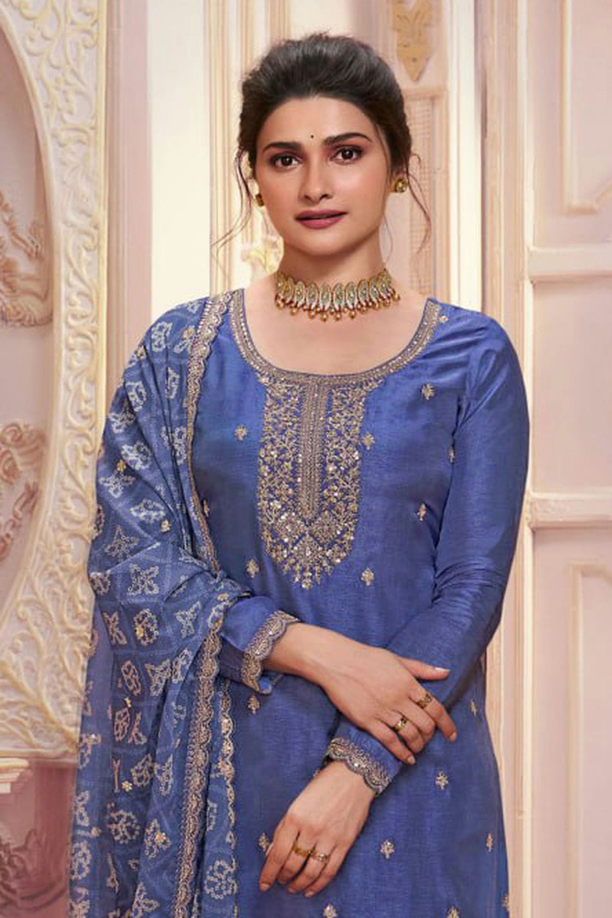 Light Blue Colour Semi Stitched Silk Georgette Pant Style Suit VSSM1140504