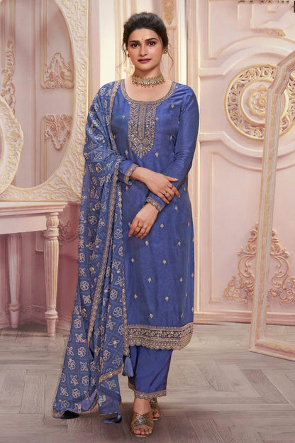 Light Blue Colour Semi Stitched Silk Georgette Pant Style Suit