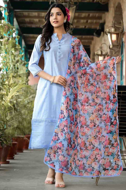 Light Blue Colour Silk Stitched Pant Style Suit VSSS1140737