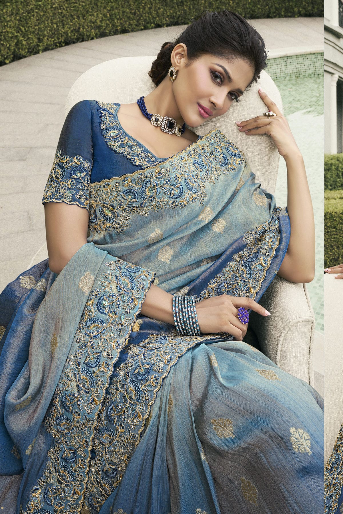 Light Blue Colour Tissue Silk Designer Saree