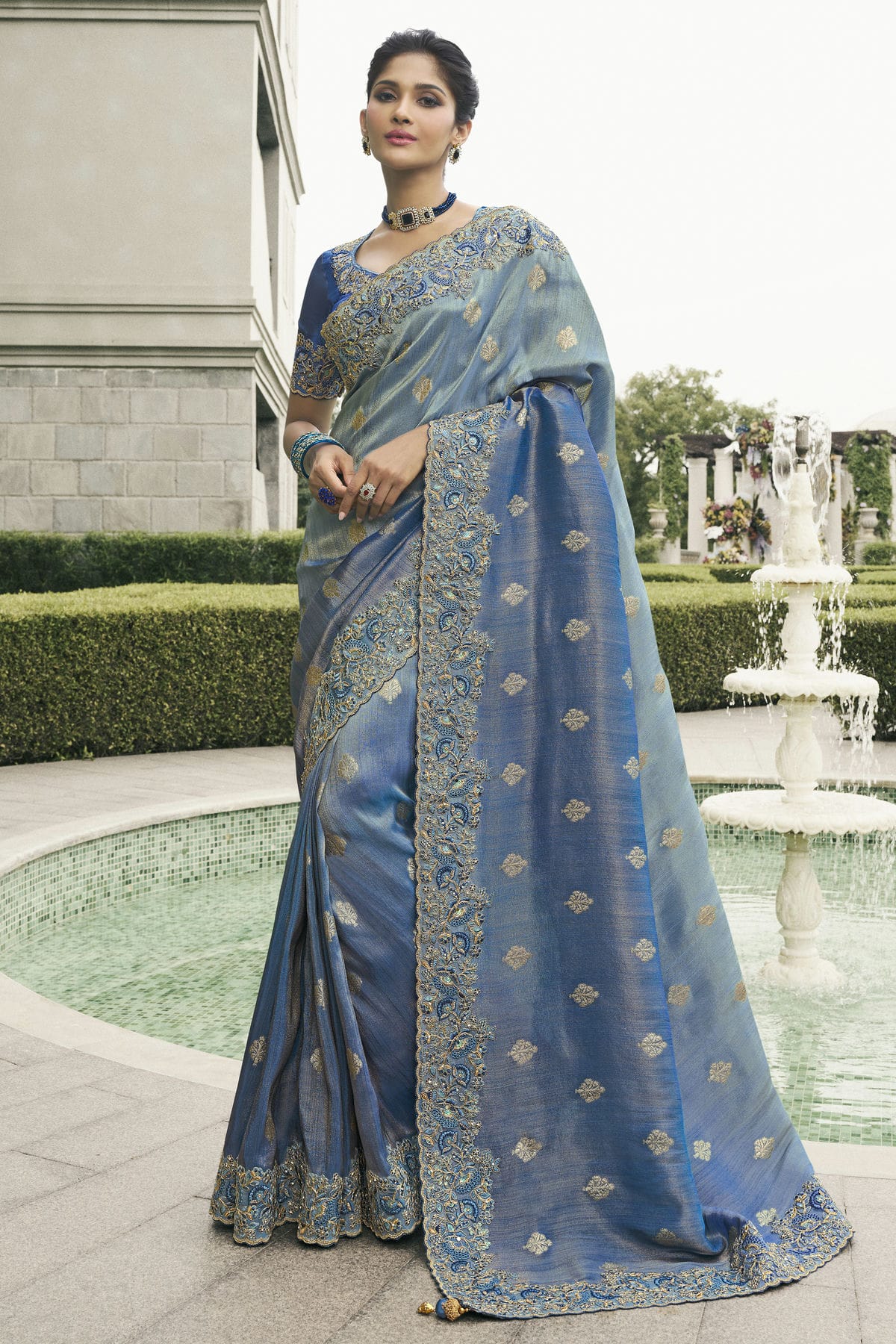 Light Blue Colour Tissue Silk Designer Saree