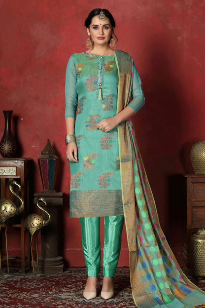 Light Blue Colour Unstitched Banarasi Silk Churidar Suit