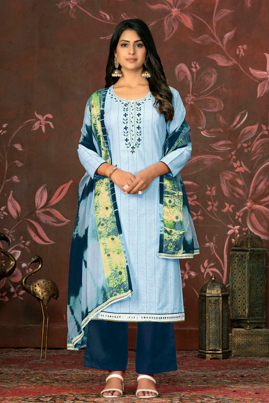 Light Blue Colour Unstitched Cambric Cotton Plazzo Pant Suit