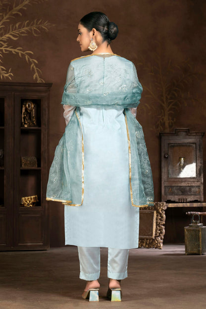 Light Blue Colour Unstitched Organza Pant Style Suit