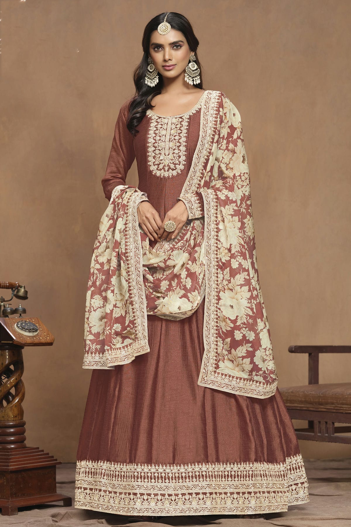 Light Brown Colour Art Silk Anarkali Suit