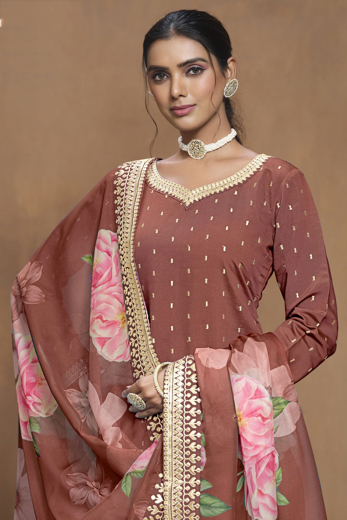 Light Brown Colour Roman Silk Sharara Suit