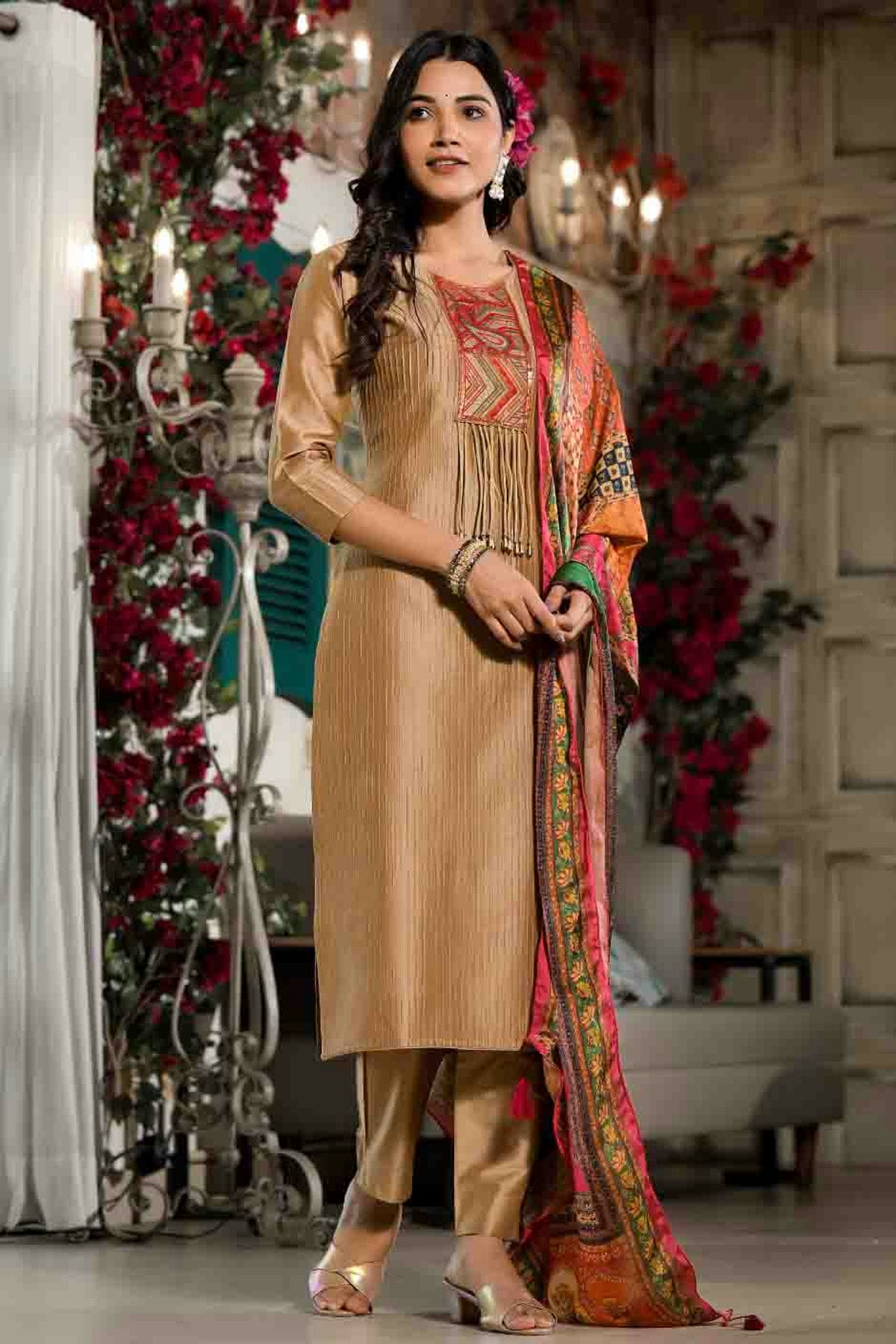 Light Brown Colour Silk Stitched Pant Style Suit VSSS1140738