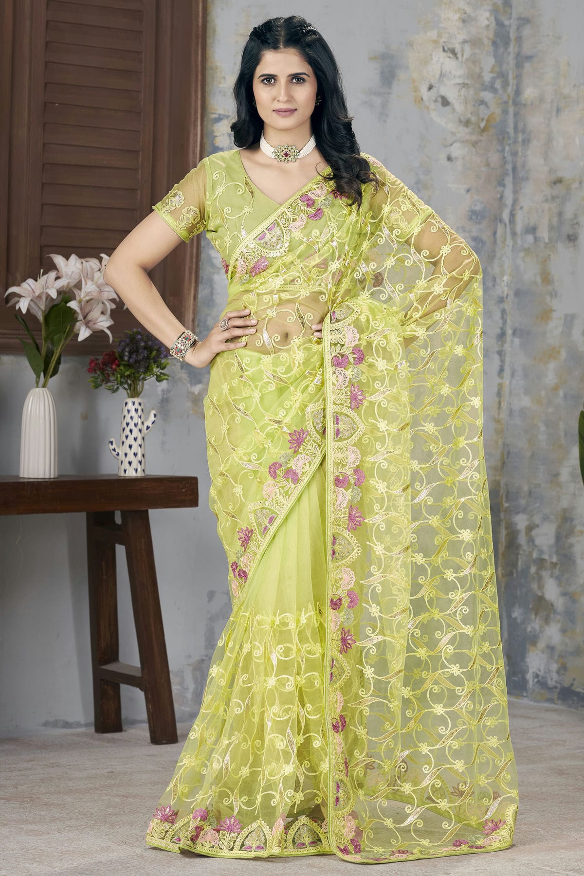 Light-Green-Colour-Butterfly-Net-Designer-Saree-VSSD1112566