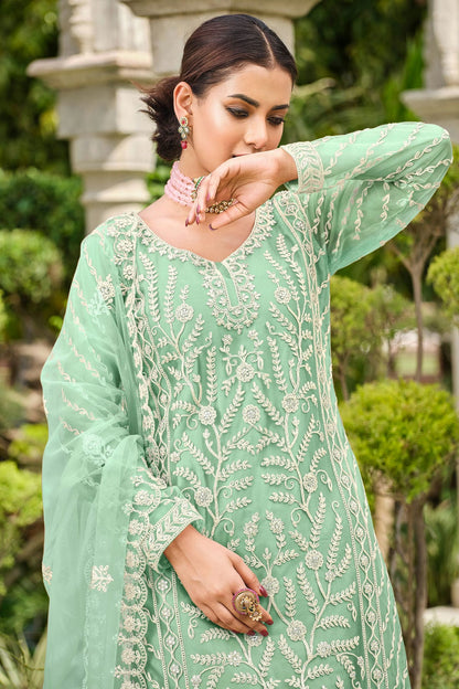 Light Green Colour Butterfly Net Palazzo Pant Suit