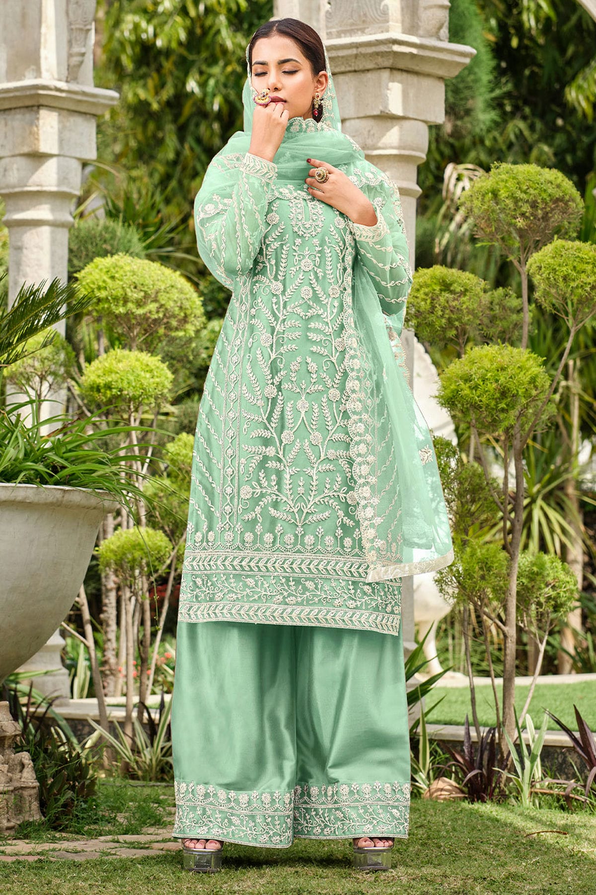 Light Green Colour Butterfly Net Palazzo Pant Suit