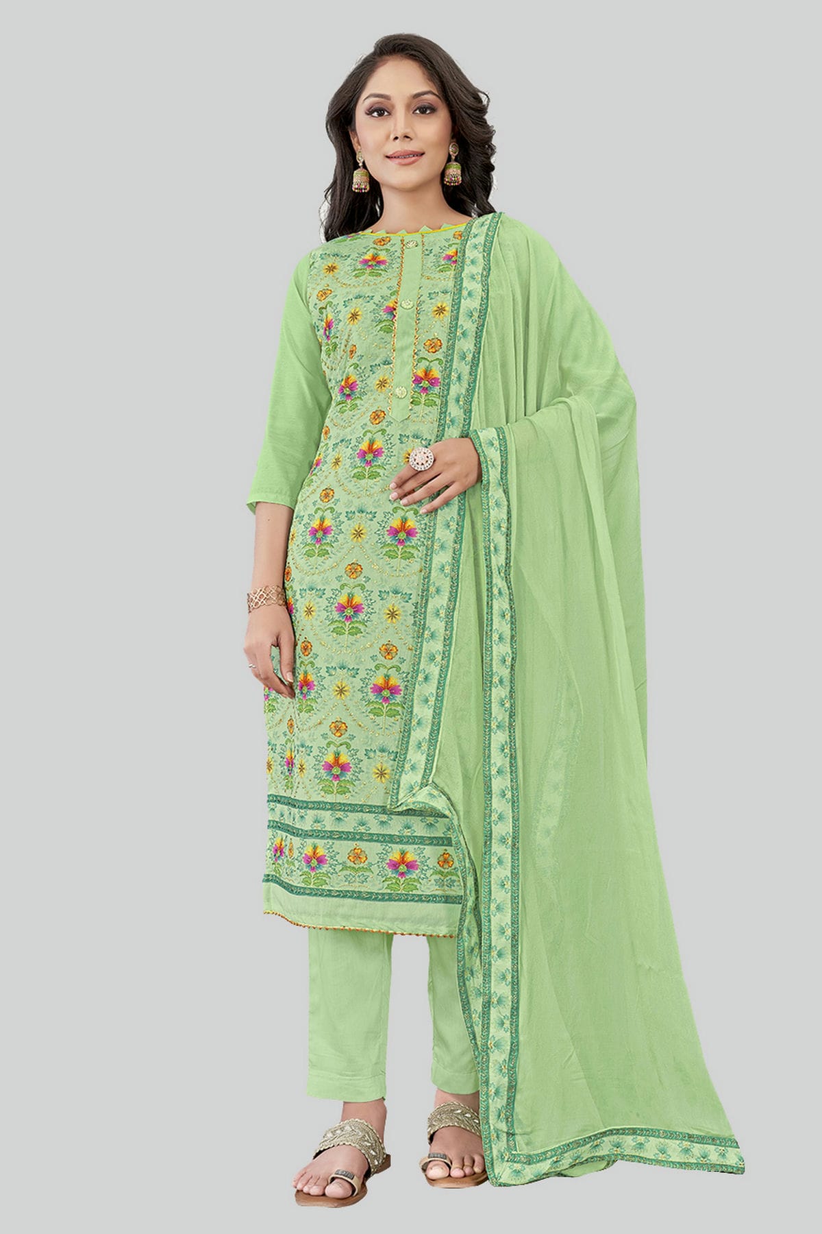 Light Green Colour Chanderi Silk Pant Style Suit