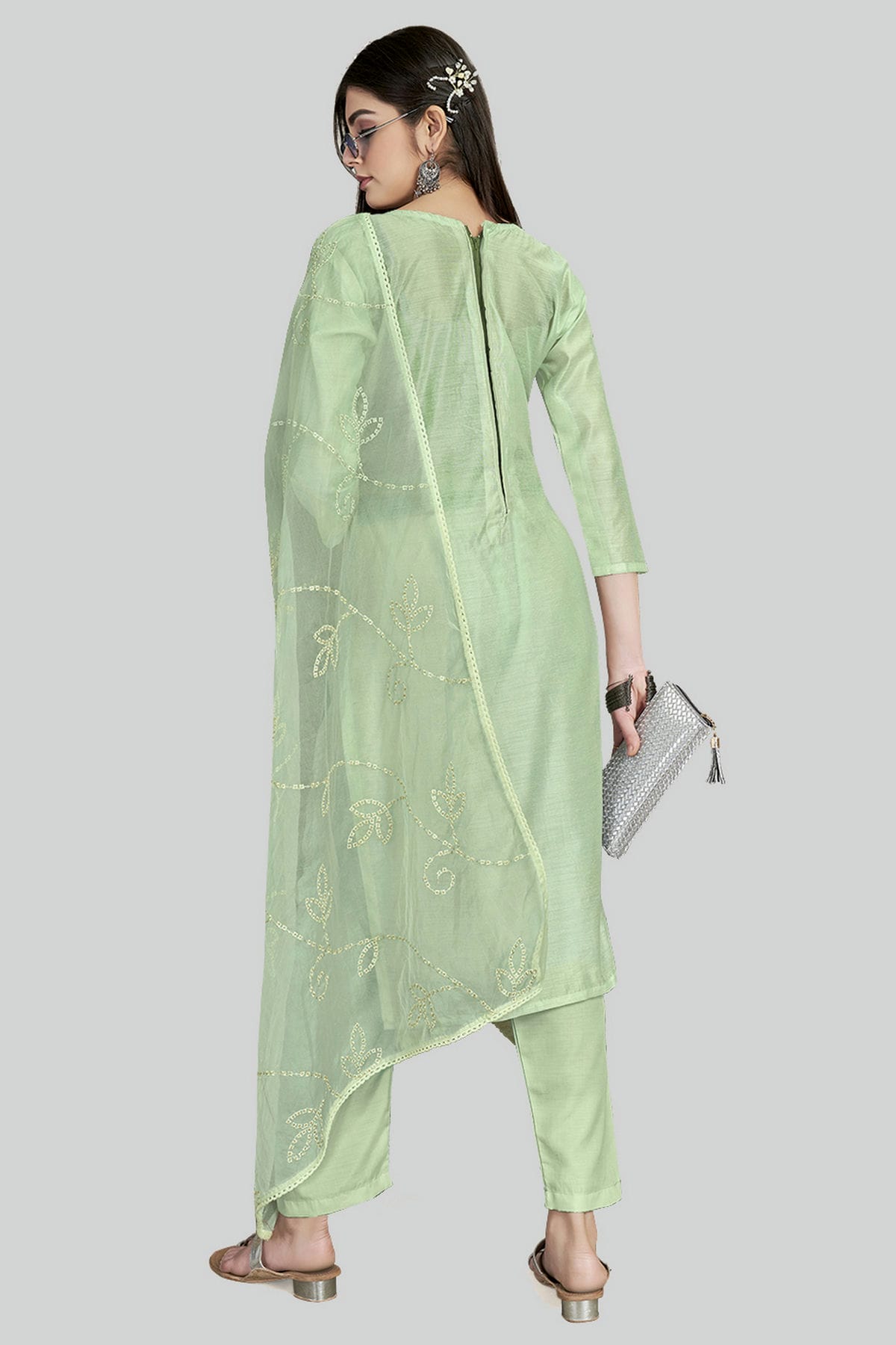 Light Green Colour Chanderi Silk Pant Style Suit