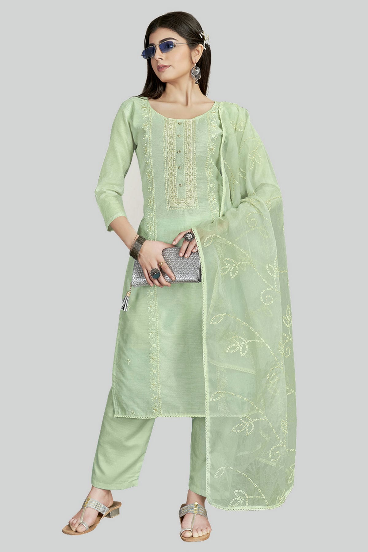 Light Green Colour Chanderi Silk Pant Style Suit