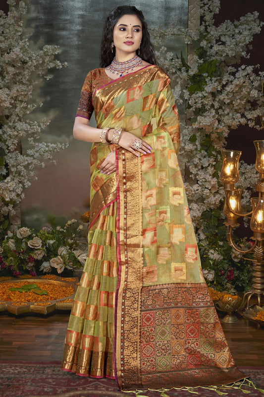 Light Green Colour Chanderi Woven Work Traditional Saree