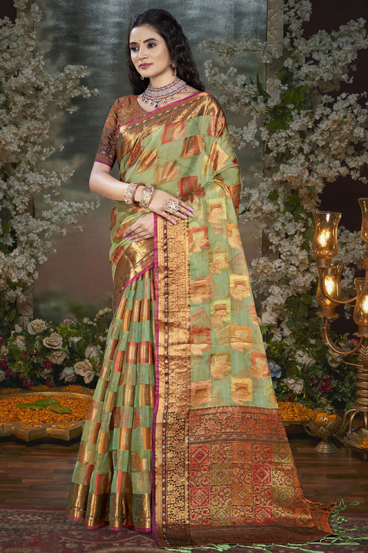 Light Green Colour Chanderi Woven Work Traditional Saree