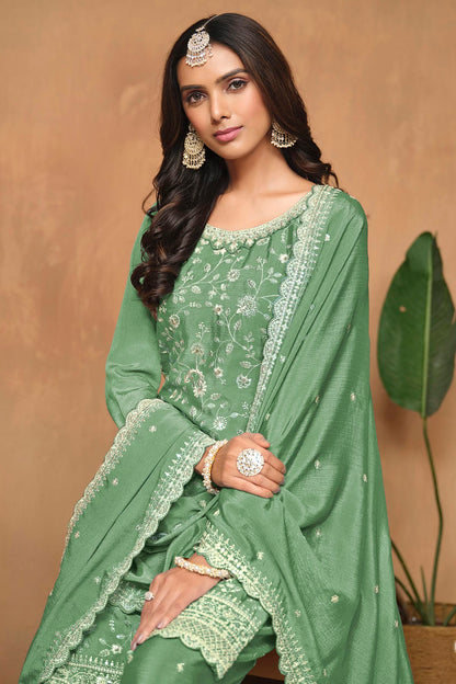 Light Green Colour Chinon Palazzo Pant Suit