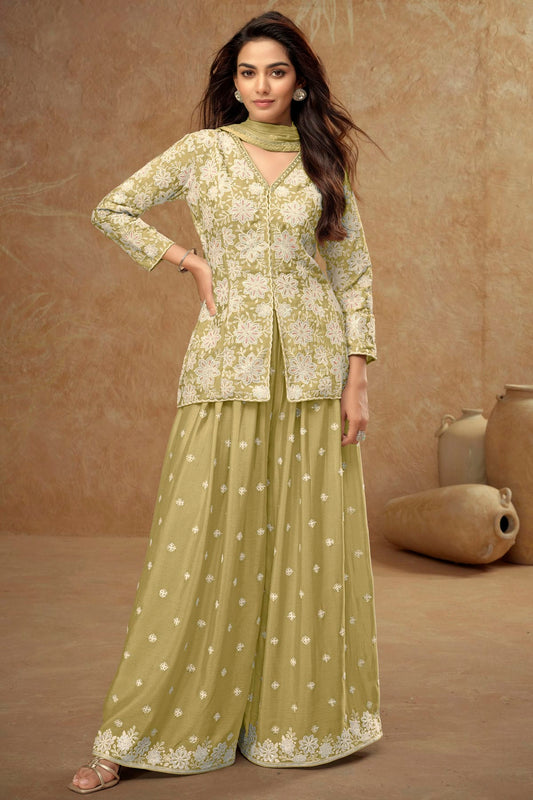 Light Green Colour Chinon Palazzo Pant Suit