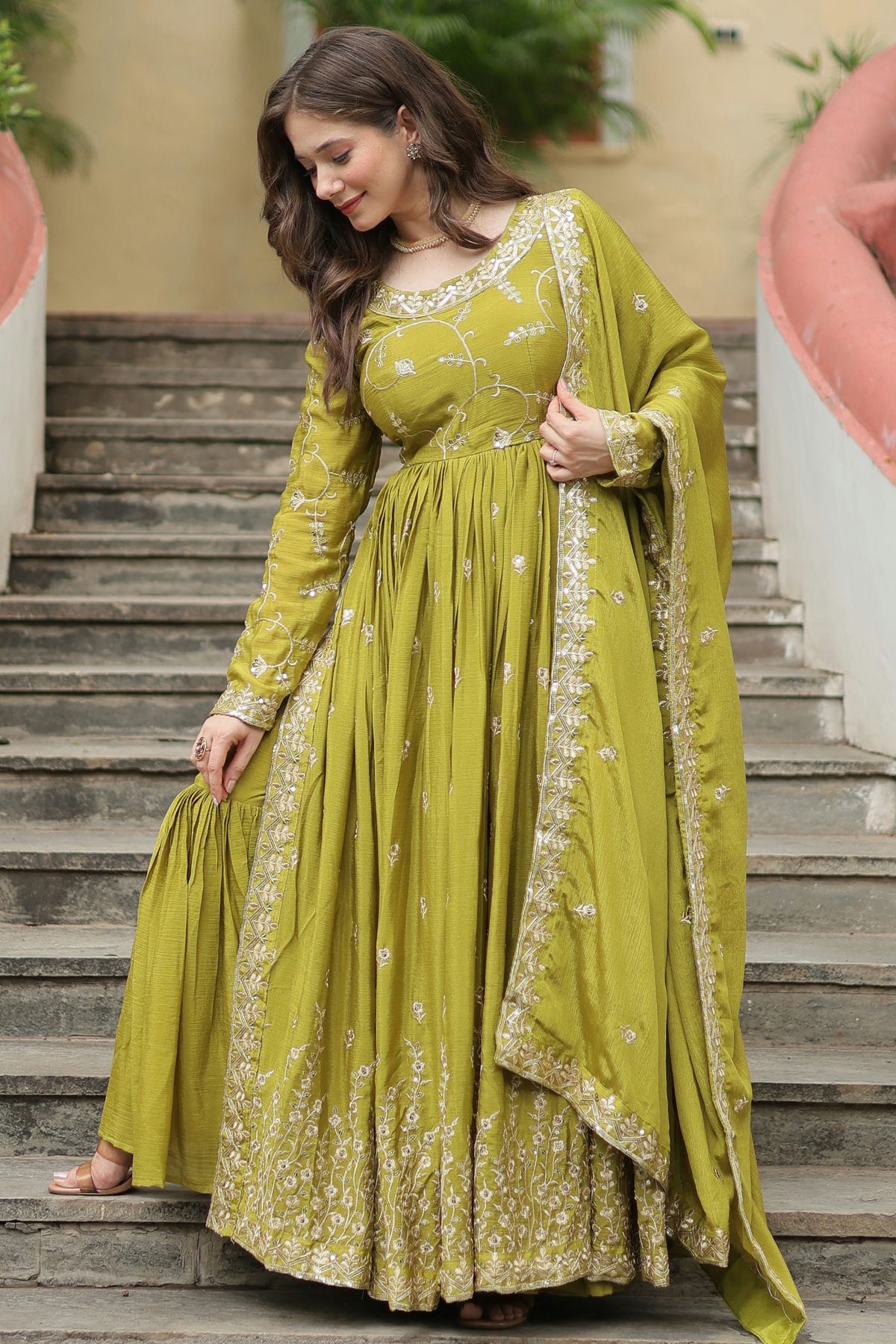 Light Green Colour Chinon Stitched Gown VSGW1112319