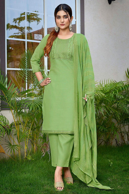 Light Green Colour Cotton Blend Stitched Suit