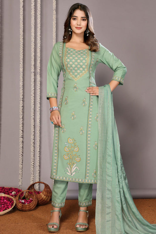 Light Green Colour Cotton Blend Stitched Suit