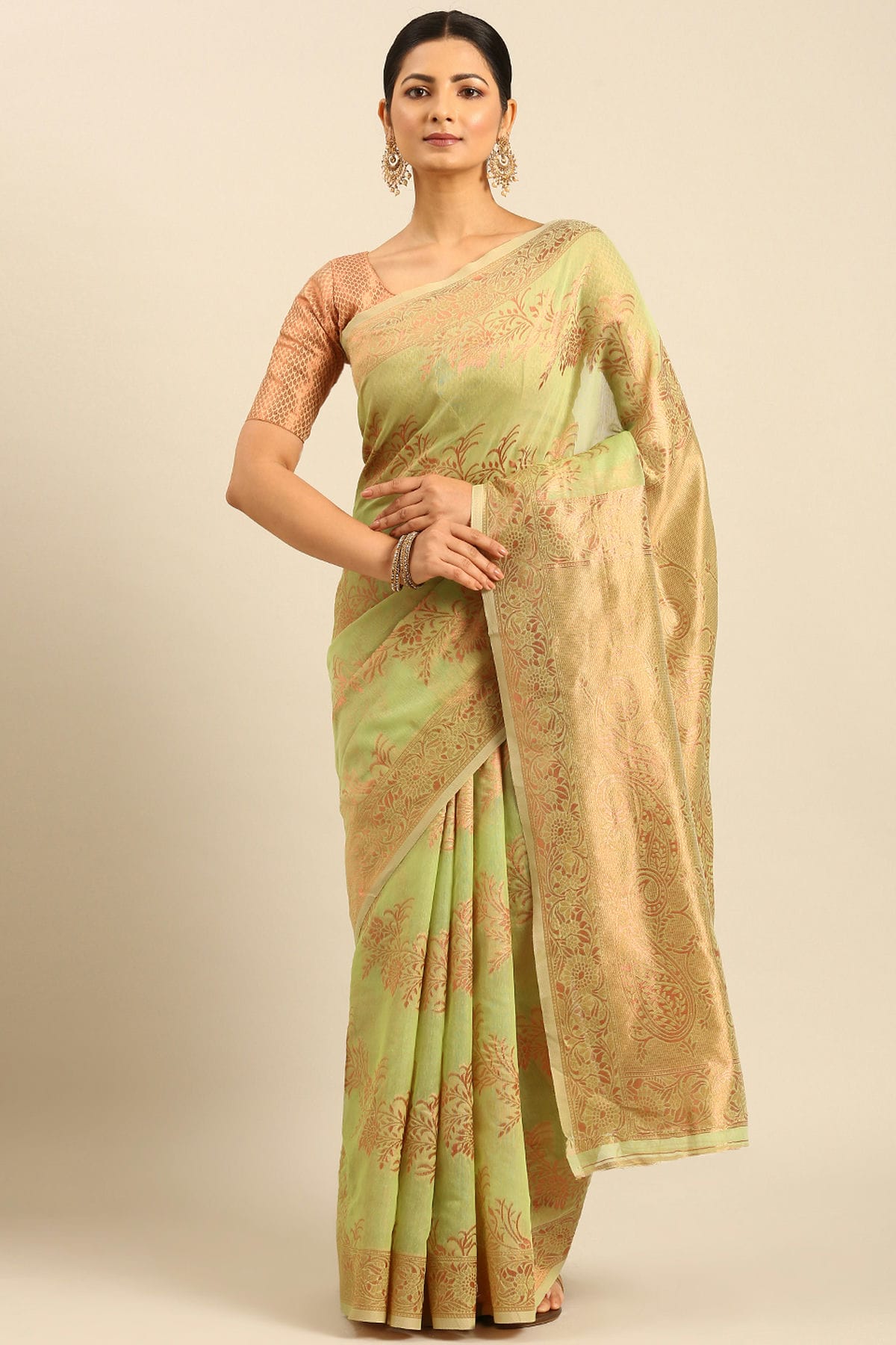 Light Green Colour Cotton Traditional Saree