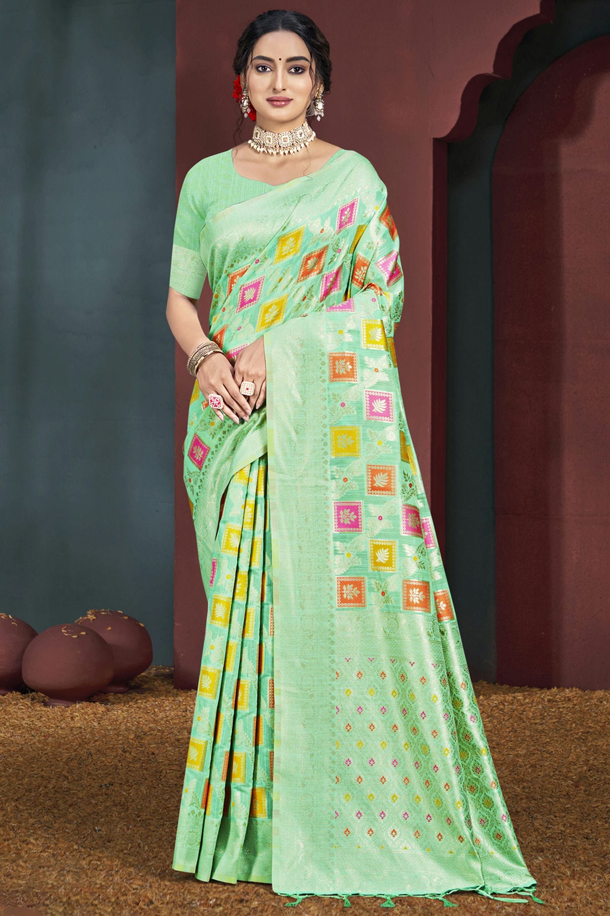 Light Green Colour Cotton Traditional Saree