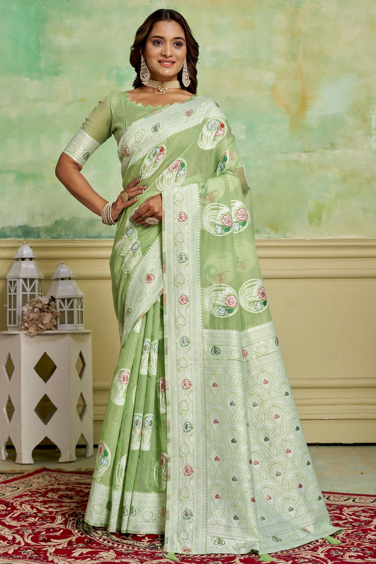 Light Green Colour Cotton Traditional Saree