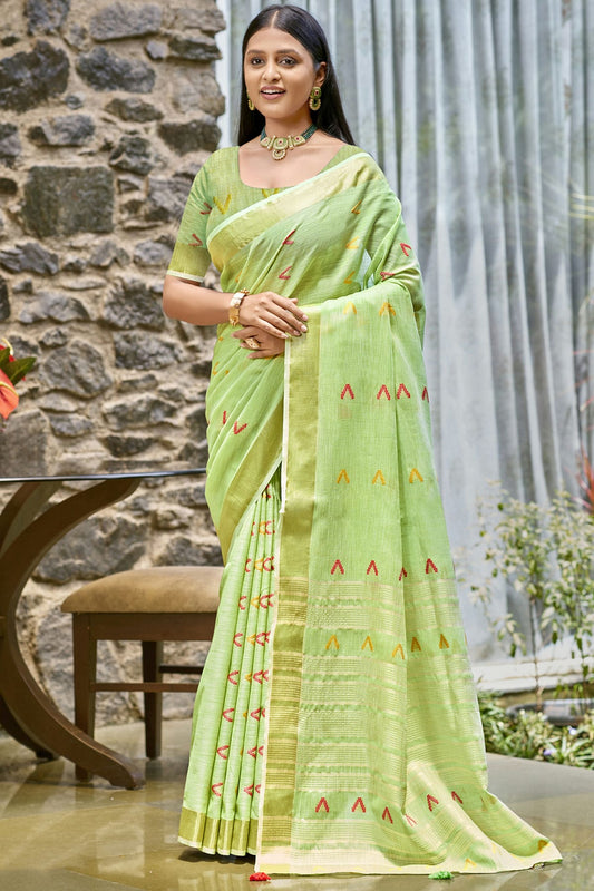 Light Green Colour Cotton Woven Work Traditional Saree