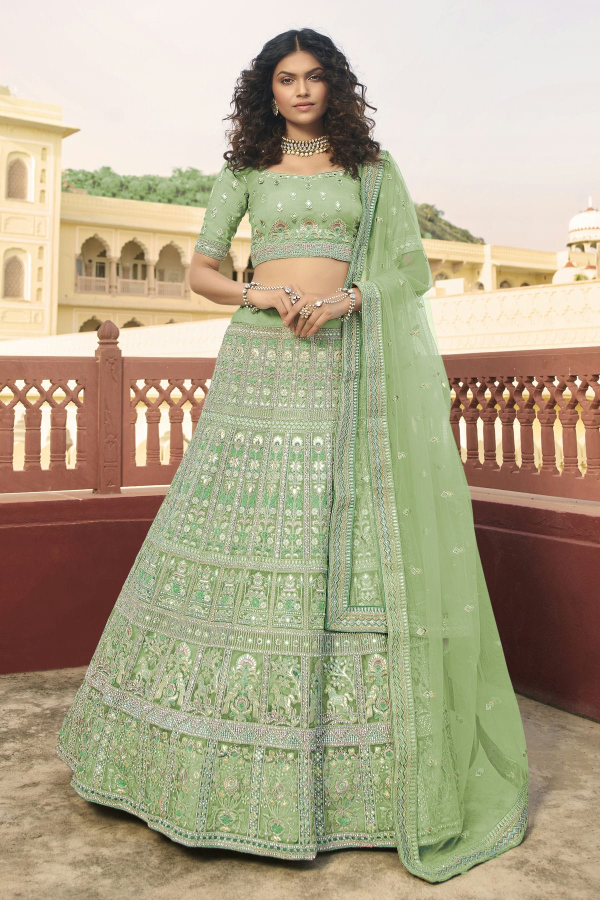 Light Green Colour Embroidery Organza Lehenga Choli