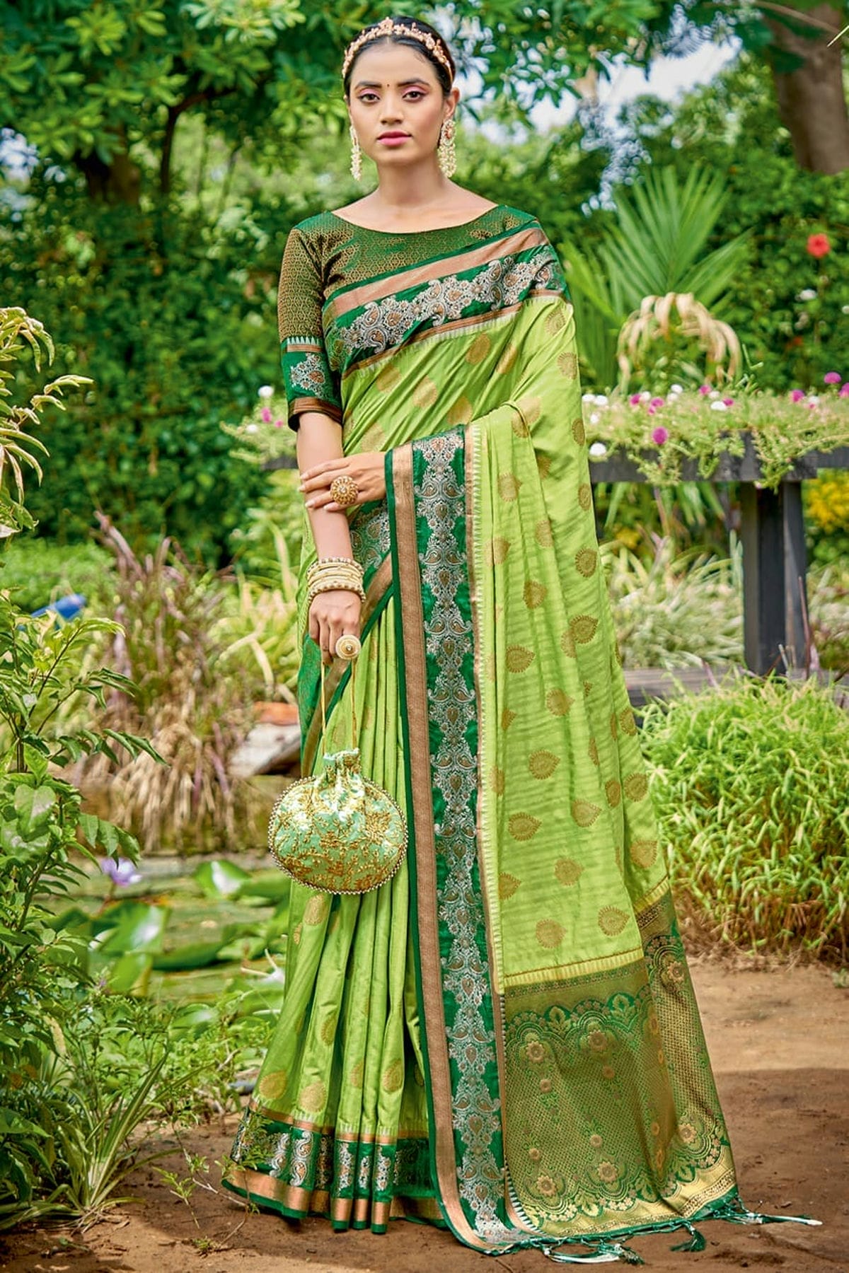 Light Green Colour Embroidery Work Banarasi Silk Saree