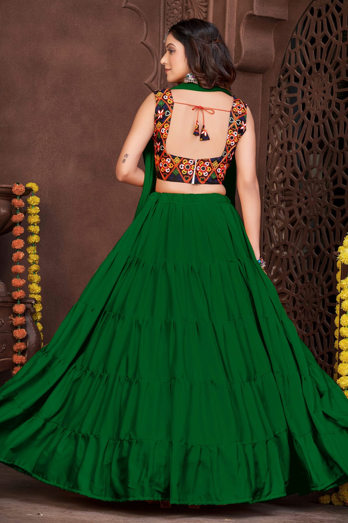 Light Green Colour Embroidery Work French Crepe Navratri Lehenga